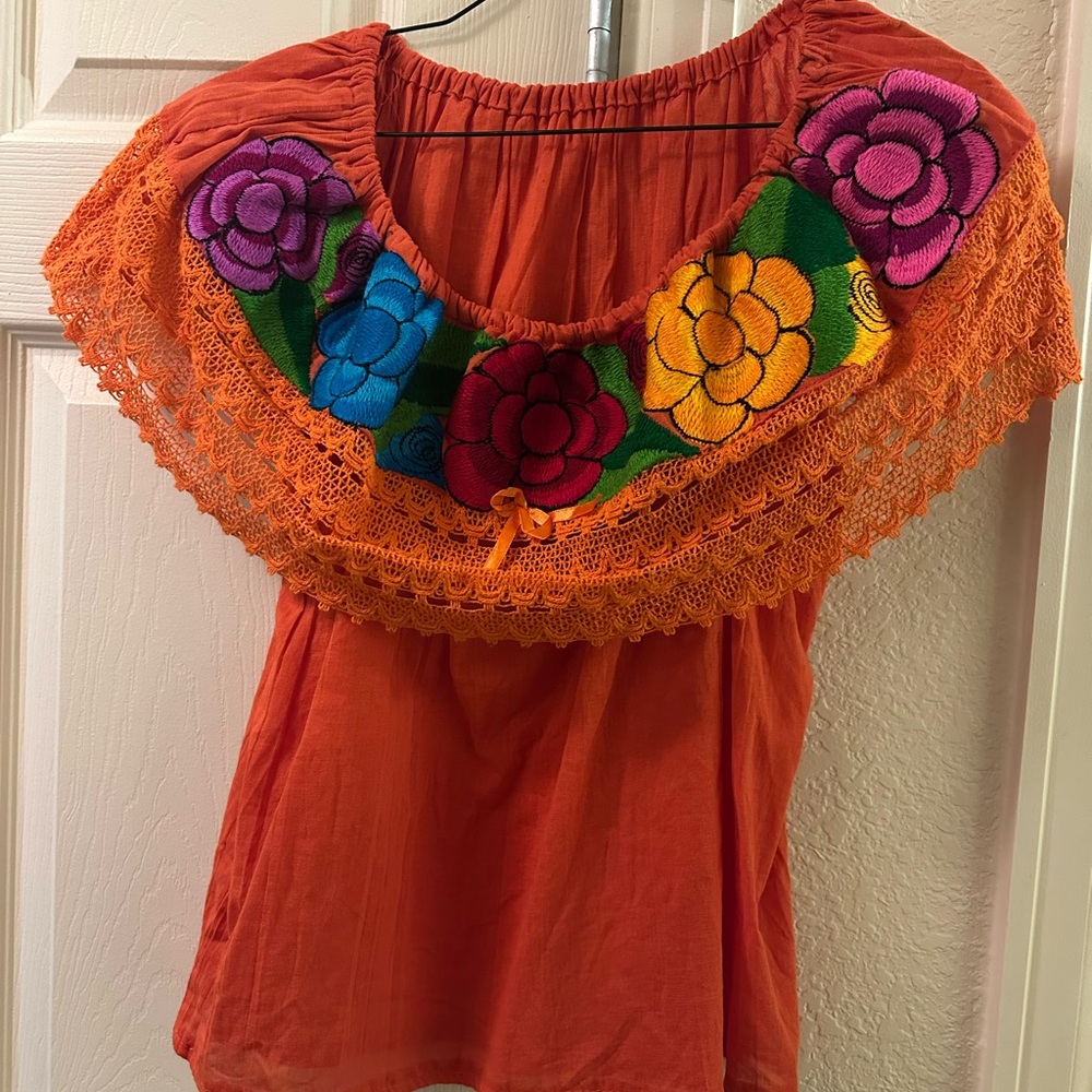 Orange Embroidered Floral Women's Top